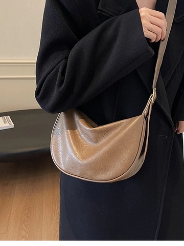 Bolso Bandolera de Media Luna de Cuero PU Vintage Para Mujer Bolso Hobo Arrugado de Color Sólido Bolso de Hombro