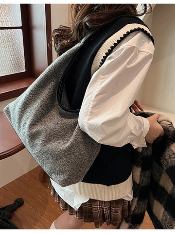 Bolso Tote de Lana para Mujer Gran Capacidad Minimalista Hobo Bolso de Hombro Retro Color Sólido Tela de Felpa para Diario Casual