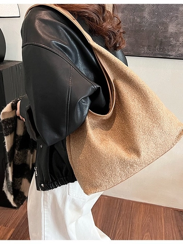 Bolso Tote de Lana para Mujer Gran Capacidad Minimalista Hobo Bolso de Hombro Retro Color Sólido Tela de Felpa para Diario Casual