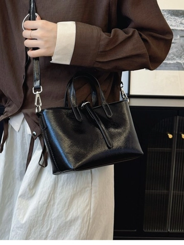 Vintage Glänzend PU Leder Eimertasche Große Kapazität Schulter Umhängetasche Für Den Täglichen Pendeln Mode Damen Tasche