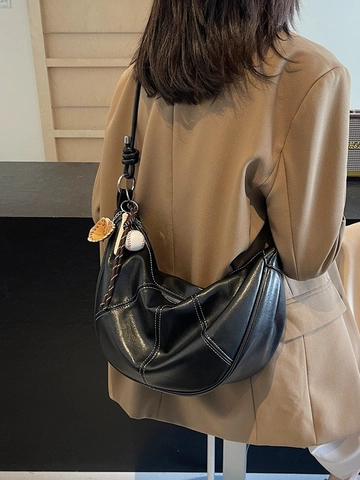Maillard Vintage PU Leather Hobo Bag Women Large Capacity Moon Shoulder Bag With Baseball Charm Contrast Stitching Knot Strap