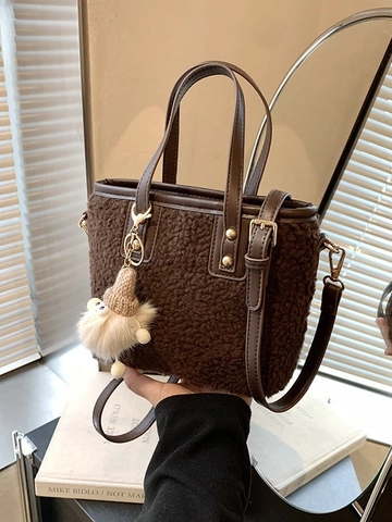 Vintage Sherpa Plüsch Beuteltasche Mit Kunstlederbesatz Und Süßem Monster Anhänger Verstellbarer Schultergurt Umhängetasche