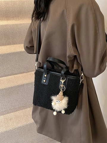 Vintage Sherpa Plüsch Beuteltasche Mit Kunstlederbesatz Und Süßem Monster Anhänger Verstellbarer Schultergurt Umhängetasche