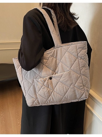 Women Large Capacity Diamond Quilted Tote Bag Lightweight Nylon Shoulder Bag With Front Pocket Puffer Handbag For Daily Travel