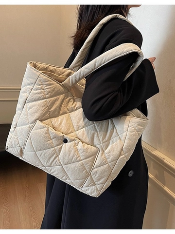 Women Large Capacity Diamond Quilted Tote Bag Lightweight Nylon Shoulder Bag With Front Pocket Puffer Handbag For Daily Travel