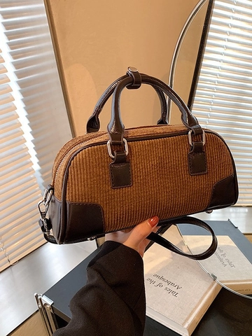 Borsa Boston da Donna in Velluto a Coste Vintage Piccola Borsa a Tracolla Moda Patchwork in Pelle PU Con Tracolla Regolabile