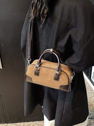 Borsa Boston da Donna in Velluto a Coste Vintage Piccola Borsa a Tracolla Moda Patchwork in Pelle PU Con Tracolla Regolabile