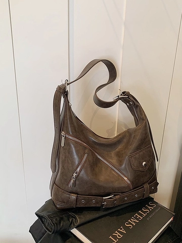 Damen Große Kapazität PU-Leder Motorrad Umhängetasche Vintage Punk Tragetasche Hobo Bag Mit Multi Reißverschluss Gürtelschnalle Dekor
