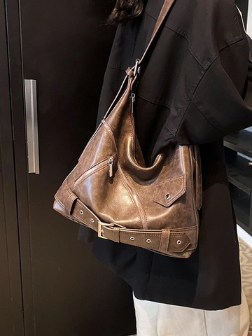 Damen Große Kapazität PU-Leder Motorrad Umhängetasche Vintage Punk Tragetasche Hobo Bag Mit Multi Reißverschluss Gürtelschnalle Dekor