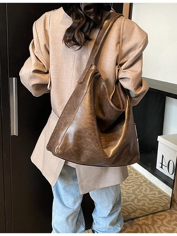 Women Vintage Large Capacity PU Leather Tote Bag Maillard Color Minimalist Hobo Shoulder Bag For Daily Commuting Office Work