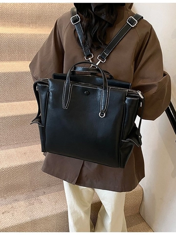 Mochila Vintage De Cuero PU Para Mujer Gran Capacidad Costuras En Contraste Multifuncional Viaje Diario Oficina Bolso