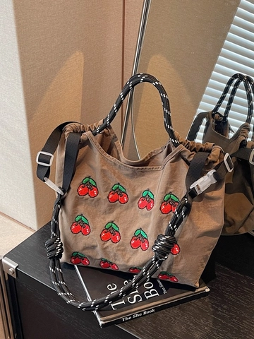 Vintage Kirsch Stickerei Leinwand Tragetasche Große Kapazität Kordelzug Umhängetasche Für Damen Lässige Mode Handtasche