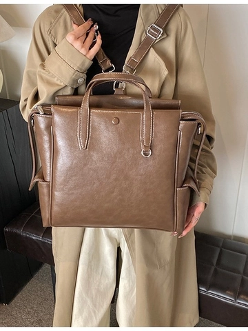 Mochila Vintage De Cuero PU Para Mujer Gran Capacidad Costuras En Contraste Multifuncional Viaje Diario Oficina Bolso