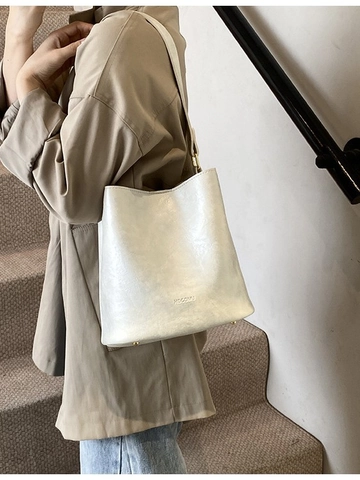 Vintage PU Leather Bucket Bag Large Capacity Shoulder Crossbody Bag For Women Minimalist Daily Casual Tote Handbag