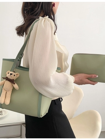 Bolso Tote de Cuero PU Premium para Mujer Color de Contraste Bolso de Hombro de Gran Capacidad Con Colgante de Oso de Peluche Tejido