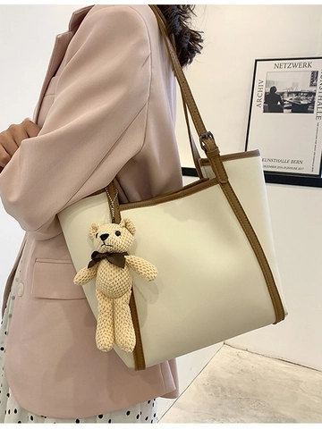Bolso Tote de Cuero PU Premium para Mujer Color de Contraste Bolso de Hombro de Gran Capacidad Con Colgante de Oso de Peluche Tejido