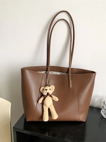 Women Large Capacity PU Leather Tote Bag Simple Solid Color Shoulder Bag For Commuting College With Bear Pendant