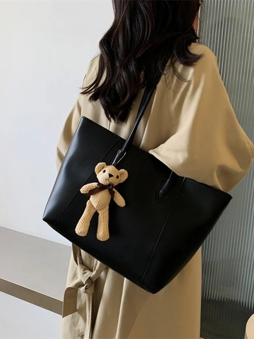 Women Large Capacity PU Leather Tote Bag Simple Solid Color Shoulder Bag For Commuting College With Bear Pendant