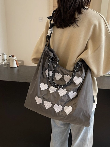 Damen Große Kapazität Herz Bestickt Tragetasche Mode Nylon Kordelzug Schultertasche Lässig Einkaufstasche Pendler