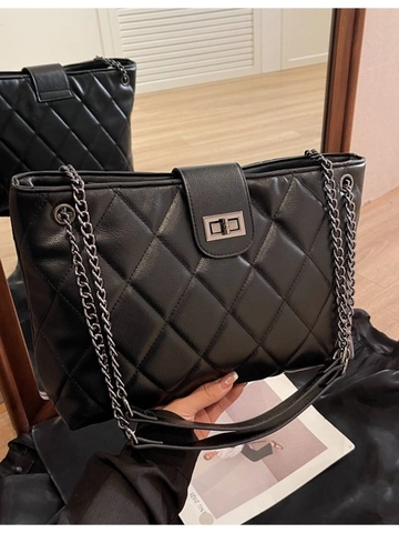 Women Quilted Chain Tote Bag Large Capacity PU Leather Rhombus Stitching Shoulder Bag Metal Turn Lock Commuter Handbag
