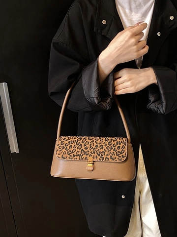Vintage Leopard Print Underarm Bag For Women Frosted PU Suede Patchwork Shoulder Bag French Style Commuter Handbag