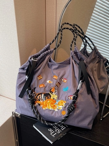 Damen Große Tragetasche Besticktes Katzenmuster Kordelzug Umhängetasche Stoff Lässige Handtasche Für Den Täglichen Einkauf