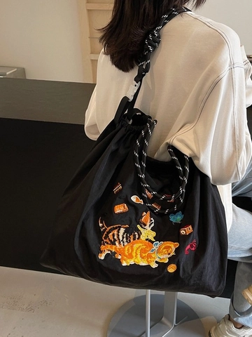 Damen Große Tragetasche Besticktes Katzenmuster Kordelzug Umhängetasche Stoff Lässige Handtasche Für Den Täglichen Einkauf