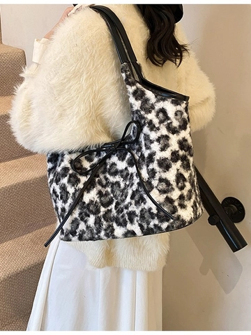 Vintage Leopardenmuster Plüsch Tragetasche Mode Damen Schultertasche Große Kapazität Kunstpelz Handtasche Mit Leder Schleife
