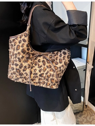 Vintage Leopardenmuster Plüsch Tragetasche Mode Damen Schultertasche Große Kapazität Kunstpelz Handtasche Mit Leder Schleife