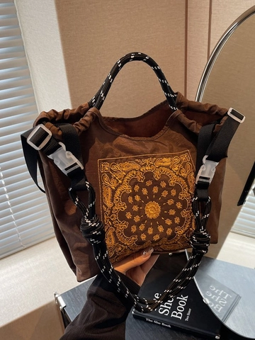 Bolso Tote de Mujer Vintage Étnico de Lona Paisley Gran Capacidad Bordado Bolso de Hombro Con Asas Trenzadas Bolso Casual