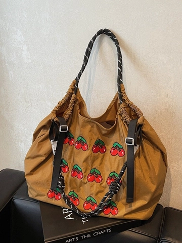 Dames Grote Capaciteit Kersborduurwerk Tote Bag Trekkoord Stof Schoudertas Mode Casual Shopper
