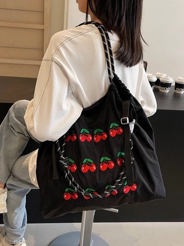 Dames Grote Capaciteit Kersborduurwerk Tote Bag Trekkoord Stof Schoudertas Mode Casual Shopper
