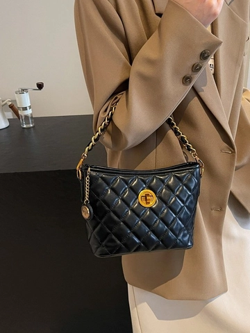 Borsa Hobo Trapuntata Vintage da Donna in Pelle PU con Catena Borsa a Tracolla Chiusura Girevole in Metallo Oro Borsa a Secchiello Daily