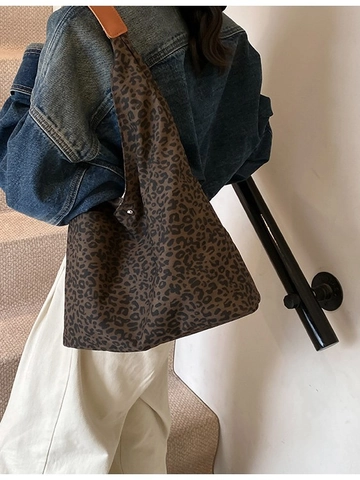 Bolso Tote de Lona para Mujer Con Estampado de Lazos Y Leopardo Bolso de Hombro de Gran Capacidad Con Asa de PU Cierre Magnético