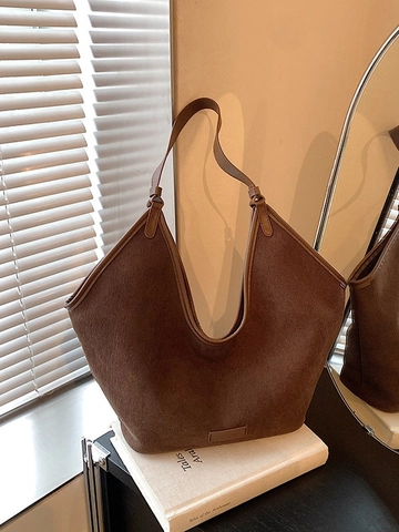 Women Large Capacity Tote Bag Corduroy PU Leather Shoulder Bag Casual V-Shaped Commuter School Bag Solid Color Shopper Bag
