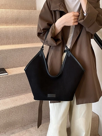 Women Large Capacity Tote Bag Corduroy PU Leather Shoulder Bag Casual V-Shaped Commuter School Bag Solid Color Shopper Bag