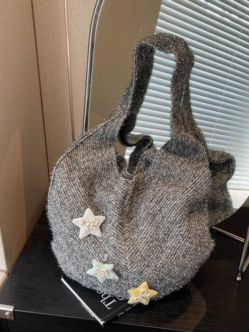 Women Large Capacity Knitted Hobo Shoulder Bag Star Bow Decor Woven Tweed Tote Bag For Daily Commuting Versatile Handbag