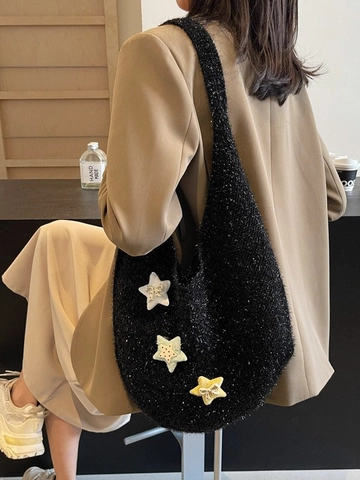 Women Large Capacity Knitted Hobo Shoulder Bag Star Bow Decor Woven Tweed Tote Bag For Daily Commuting Versatile Handbag
