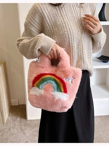 Regenbogen Muster Plüsch Handtasche Für Damen Süße Cartoon Hase Stickerei Umhängetasche Mit Goldener Kette Schultergurt