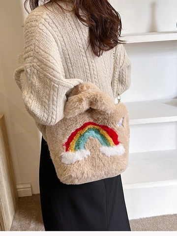 Regenbogen Muster Plüsch Handtasche Für Damen Süße Cartoon Hase Stickerei Umhängetasche Mit Goldener Kette Schultergurt