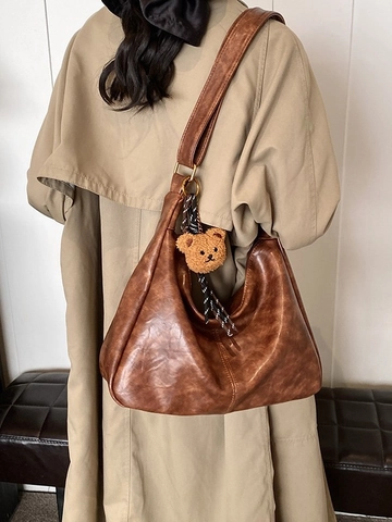 Women Retro Large Capacity Hobo Bag PU Leather Shoulder Bag With Cute Bear Pendant Commuter Crossbody Bag Dumpling Bag