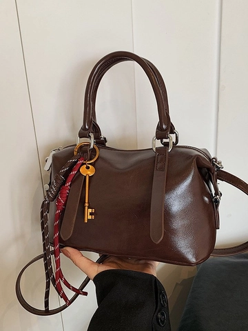 Borsa a Mano Boston da Donna Vintage in Pelle PU Borsa a Tracolla Lucida Con Tracolla Regolabile Ciondolo Nappa Borsa Casual
