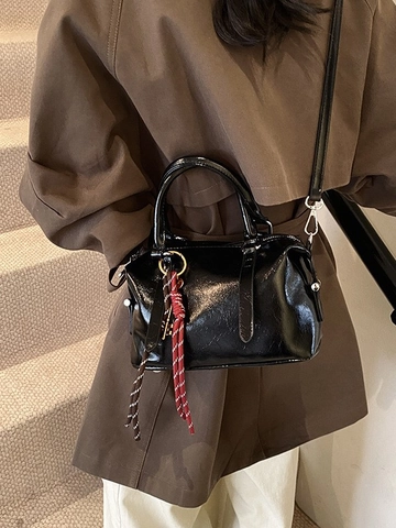 Borsa a Mano Boston da Donna Vintage in Pelle PU Borsa a Tracolla Lucida Con Tracolla Regolabile Ciondolo Nappa Borsa Casual