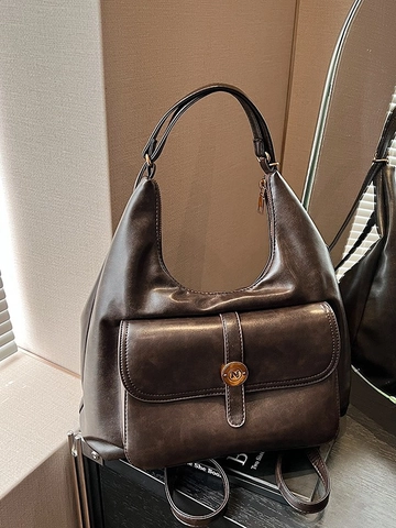 Women Vintage PU Leather Hobo Backpack Large Capacity Shoulder Bag With Front Flap Pocket Metal N Buckle Casual Handbag