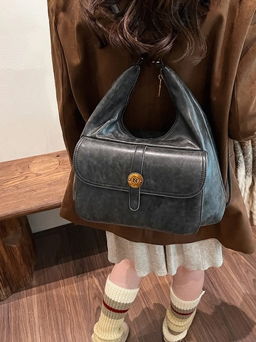 Women Vintage PU Leather Hobo Backpack Large Capacity Shoulder Bag With Front Flap Pocket Metal N Buckle Casual Handbag