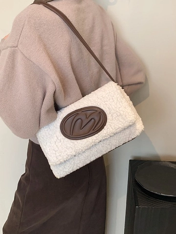 Bolso de Hombro de Lana de Cordero para Mujer Color de Contraste Peluche Bolso de Axila Vintage Bolso Cuadrado Pequeño Correa PU