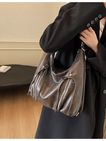 Damen Große Kapazität Hobo Rucksack Retro PU Leder Tote Bag Pendler Umhängetasche Mit Schleife Reißverschluss Casual Handtasche