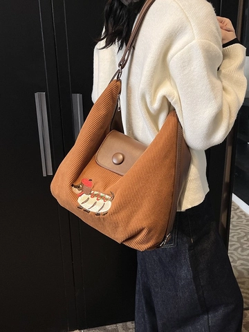 Women Retro Corduroy Backpack Large Capacity Shoulder Bag Fashion Sausage Dog Hot Dog Embroidery Hobo Bag For Casual Travel School