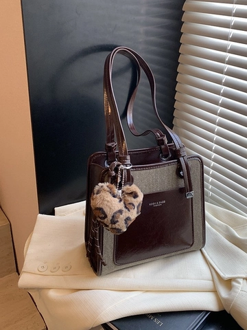 Women Retro Contrast Color Tote Bag Large Capacity PU Leather Leopard Houndstooth Shoulder Bag With Heart Plush Pendant