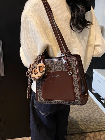 Women Retro Contrast Color Tote Bag Large Capacity PU Leather Leopard Houndstooth Shoulder Bag With Heart Plush Pendant